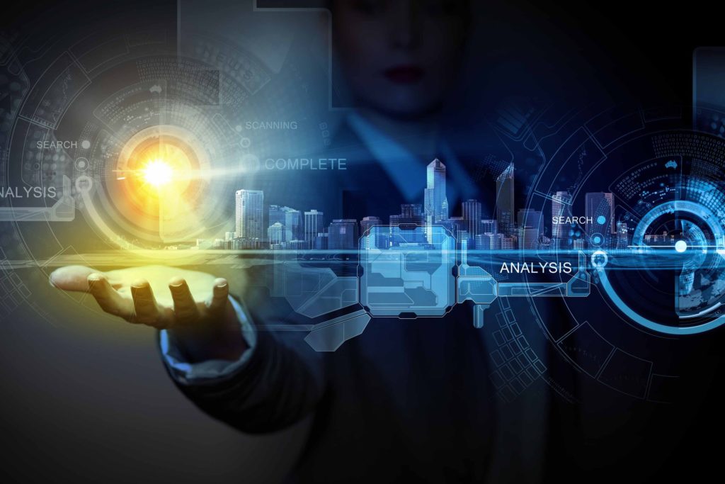 architect uses new technology in the construction industry, holding virtual images of a construction project in his hand